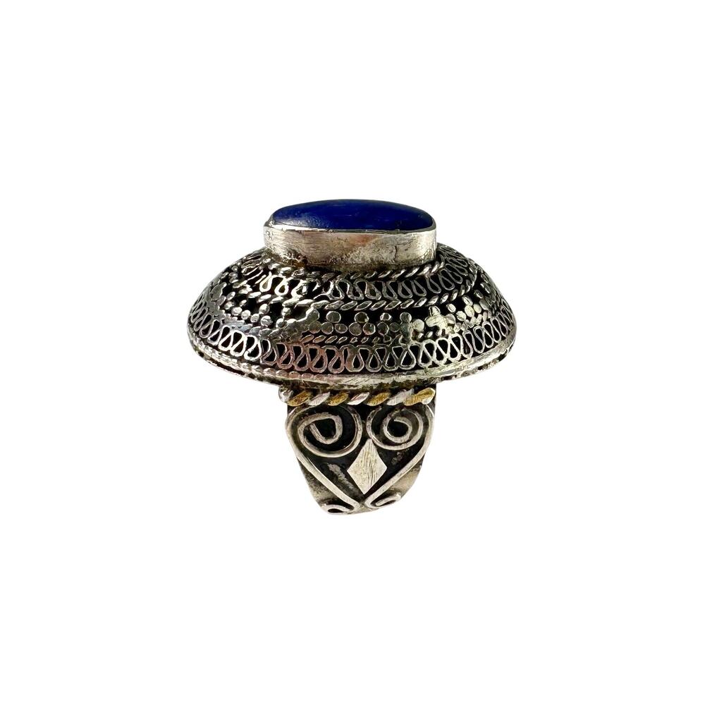Vintage Afghan Lapis Lazuli Handmade Intricate Silver Uzbek Ring US 7 - 7.25